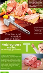 Detailed macro view of dual-sided aluminum meat mallet with textured and flat tenderizer faces