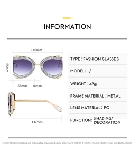 Size chart for oversized metal sunglasses with gradient lenses and rhinestone accents