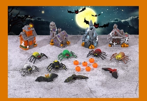 Detailed set of Halloween miniature resin haunted houses, pumpkins, spiders and bats