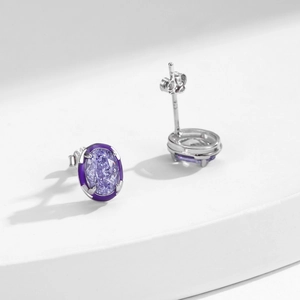 Elegant S925 silver oval stud earrings with lavender purple stone and halo setting