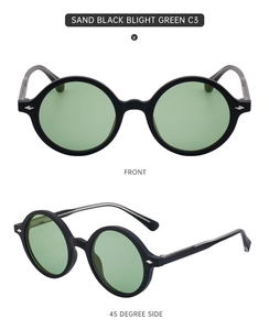 Front and 45-degree views of matte black round sunglasses with light green lenses