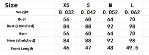 Detailed size chart for hollow knit camisole showing measurements from XS to L
