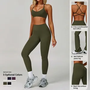 Olive green backless yoga set featuring V-neck sports bra and flared leggings with 5 colors