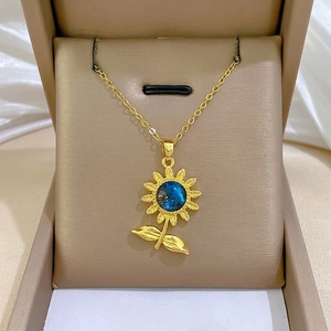 Collier Pendentif Tournesol Or Acier Inoxydable Cuivre Micro Incrusté Pierre Étoilée Bleue Bijoux Élégants