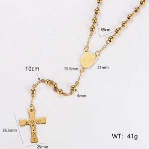 Gold stainless steel 6mm bead rosary necklace with cross pendant and size dimensions