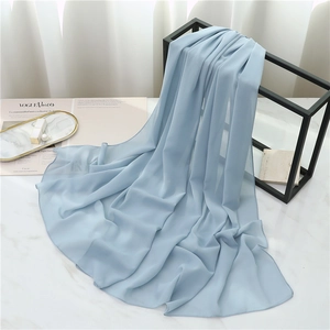Detail of light blue chiffon scarf showing semi-transparent texture and rolled edges
