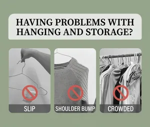 Detail showing common hanging issues like slipping, shoulder bumps and crowded racks