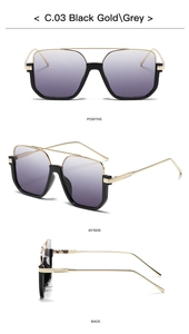 Detailed views of black and gold double-bridge sunglasses with gradient grey lenses