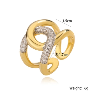 Bague ouverte géométrique de luxe pour femme avec placage en or et incrustations de zircons
