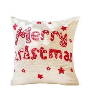 Off-white cotton linen Christmas pillow cover with red Merry Christmas embroidery
