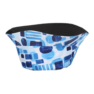 Close-up of geometric pattern sun hat featuring blue abstract shapes and black lining