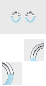 Detailed view of polished 925 sterling silver hoop earrings with blue enamel splicing