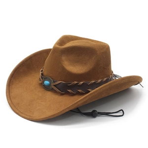 Western Cowboy Hat Faux Suede Wide Brim Turquoise Bead Braided Band Adjustable Wind String Vintage Ethnic Men Women