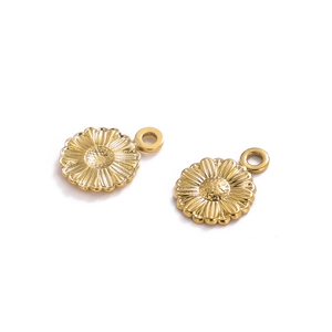 Detail of two gold flower pendants showing intricate hollow daisy petals for DIY jewelry