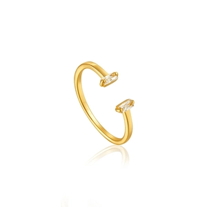 Close-up of golden S925 silver ring featuring two rectangular zircons and mirror finish