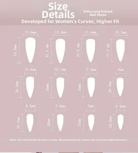 Size chart showing dimensions for 24 extra-long stiletto press-on nails with 12 sizes