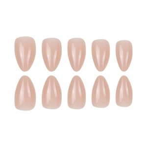 Glossy nude pink almond shape press-on nails set in a professional 10-piece display layout