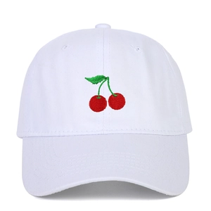 White baseball cap with cherry embroidery, adjustable soft top sun hat for outdoors