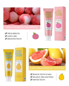 Detalles de la pasta de dientes probiótica KORMESIC sabor melocotón y pomelo