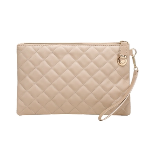 Detail of beige quilted PU leather clutch with metal zipper and matching wrist strap