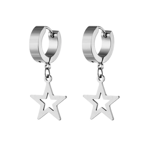 Polished stainless steel hoop earrings with hanging hollow star pendants on white background