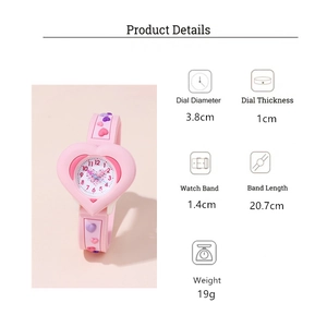 Detailed size parameters of pink heart pattern kids watch with 3.8cm dial diameter