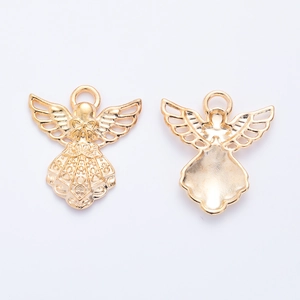 Golden zinc alloy angel pendant for DIY jewelry making shown from front and back view
