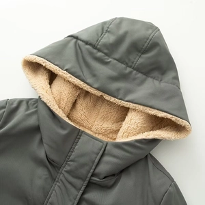 Gray-green hooded parka jacket for women with warm beige fleece lining and thick fabric