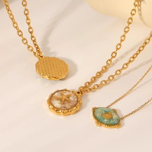 18K gold plated stainless steel necklaces with starfish shell and green resin pendants