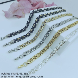 Detailed size chart for men's titanium necklaces in silver, gold, and black colors