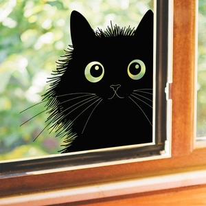 Cartoon Peeking Black Cat Window Sticker Static Cling Removable UV Printed Glass Door Decoration For Home Living Room Bedroom