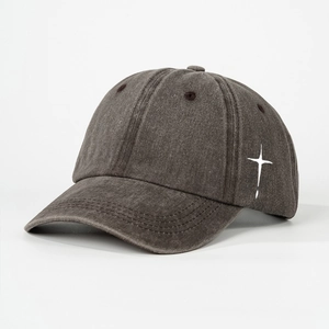 Detail view of washed cotton baseball cap in charcoal gray with star embroidery