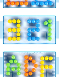 Educational mushroom peg puzzle board showing colorful pieces forming numbers and letters