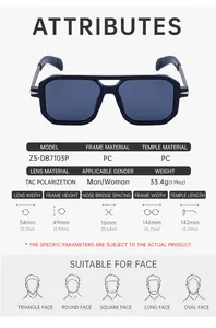 Detailed size chart for square polarized sunglasses with specific frame and lens dimensions