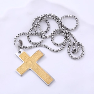 Vintage stainless steel cross pendant necklace with etched Spanish Lord's Prayer text