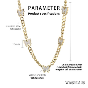 Detail of gold titanium steel NK chain necklace with white shell butterfly charms