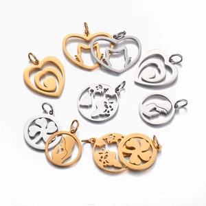 Stainless steel cut-out pendants in heart, map, and clover designs in gold and silver