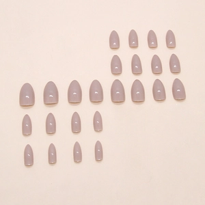 Glossy almond-shaped press-on nails in dusty mauve purple color, 24-piece full set