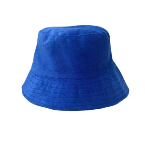Blue terry cloth bucket hat made of soft textured fabric for casual outdoor fashion