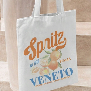 White canvas tote bag featuring vintage Italian Spritz cocktail print on stone steps