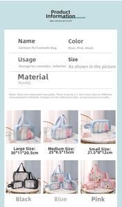 Size chart showing large, medium, and small cartoon PVC makeup bags with handle details