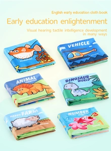 Set of six soft baby cloth books featuring dinosaurs, animals, and transport themes
