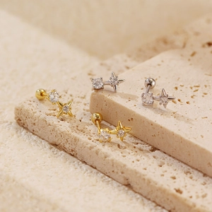 Detailed macro shot of S925 silver four-pointed star stud earrings with screw backs