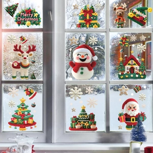 Christmas window stickers with crochet knit style Santa, snowman, and reindeer designs