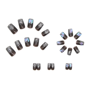Deep coffee fake nails with silver glitter gradient and aurora butterfly patterns