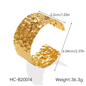 Detailed view of wide 18K gold plated hammered texture cuff bracelet with size measurements