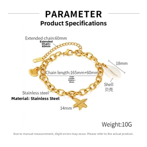 Detailed view of golden stainless steel ocean bracelet with starfish and shell charms