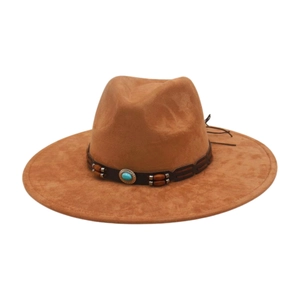 Western Cowboy Fedora Hat Faux Suede Wide Brim Turquoise Wood Bead Band Retro Ethnic Style Outdoor Travel