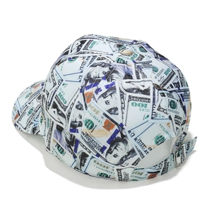 Detail of dollar bill print baseball cap with adjustable silver metal buckle at the back