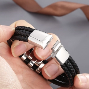 Men's multi-layer woven leather bracelet with polished silver magnetic clasp closure